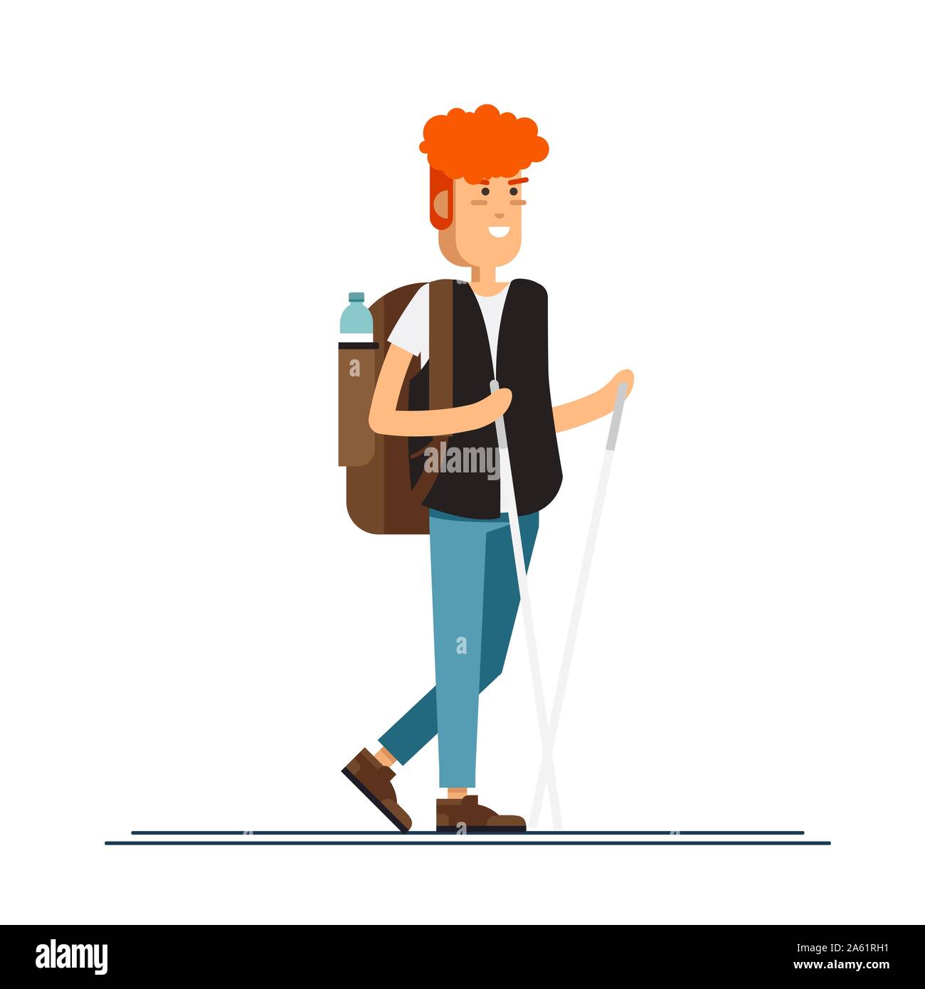 Male character, hiking tourist walk. A young man engaged in active sport. Vector illustration of a flat design Stock Vector