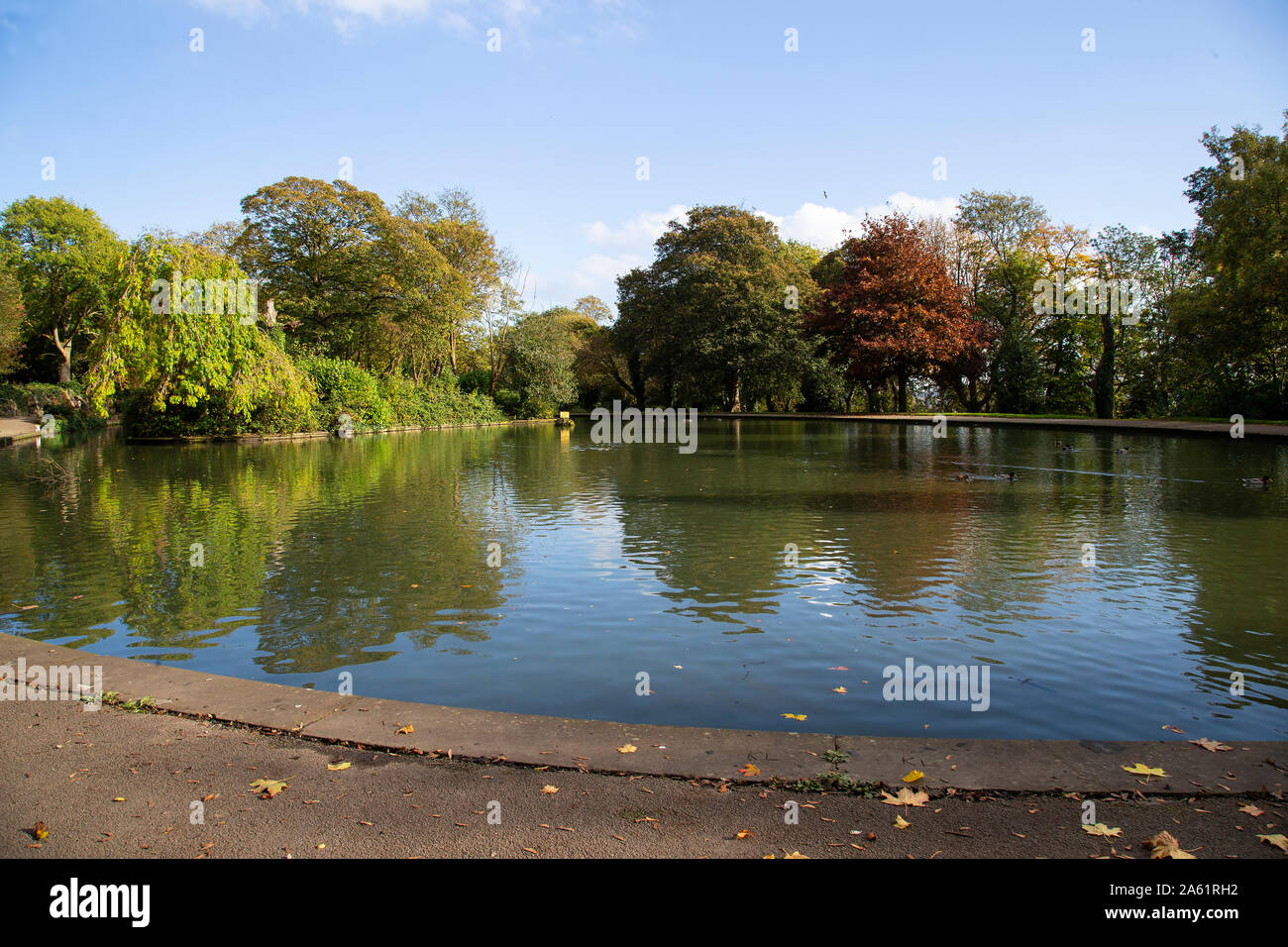 A view of the ornamental lake and autumnal leaves on the trees at Crow Nest Park, Dewsbury, West Yorkshire, U.K. Stock Photo