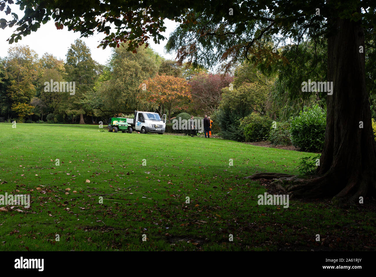 Gardeners at work tidying up Crow Nest Park, Dewsbury, West Yorkshire U.K. as Autumn arrives Stock Photo
