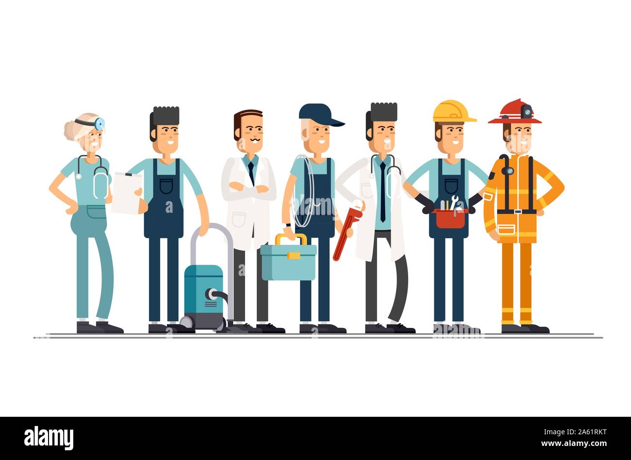 Labor Day. A group of people of different professions on a white background. Vector illustration in a flat style Stock Vector