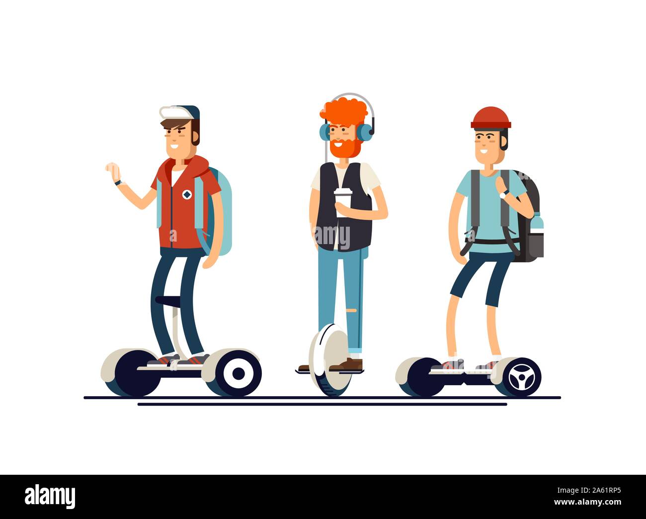 Set of active young man with electric scooter on new modern technology hoverboard, boy self balance wheel transport gyroscooter ride the street. Vecto Stock Vector