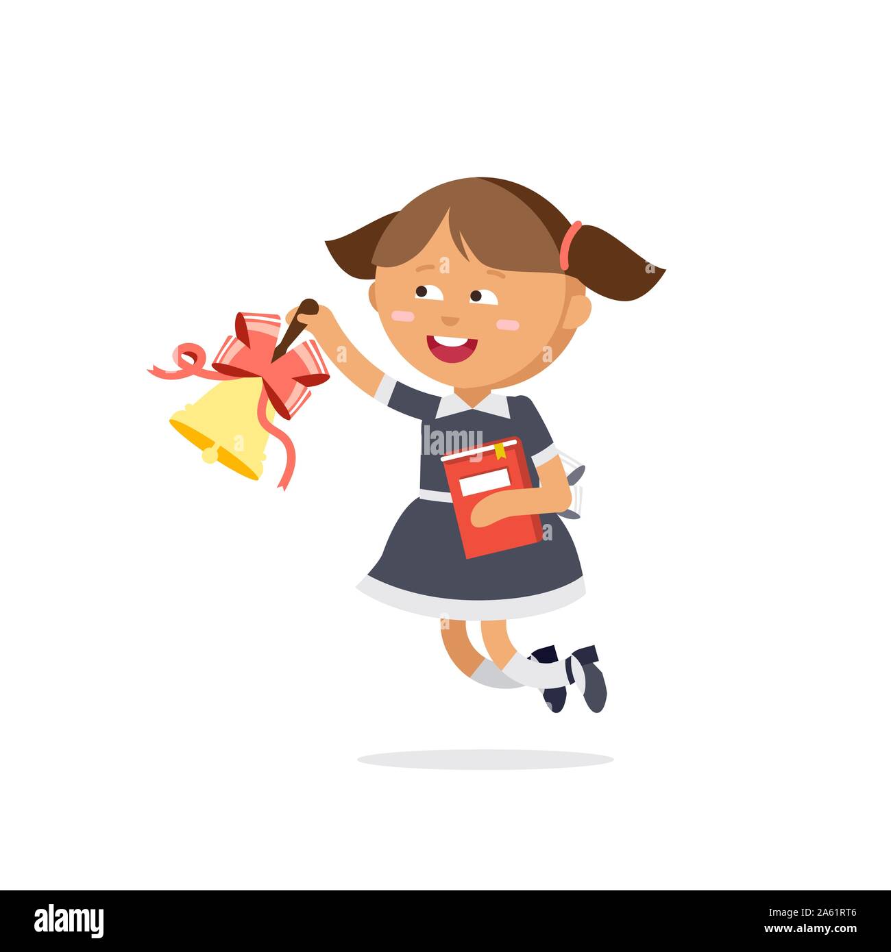 Pupil Dressed In School Uniforms Are Holding Textbooks And With Bell Flat Illustration Of Young Girl Ring The Bell Happy Kid Ready Come Back To Scho Stock Vector Image Art