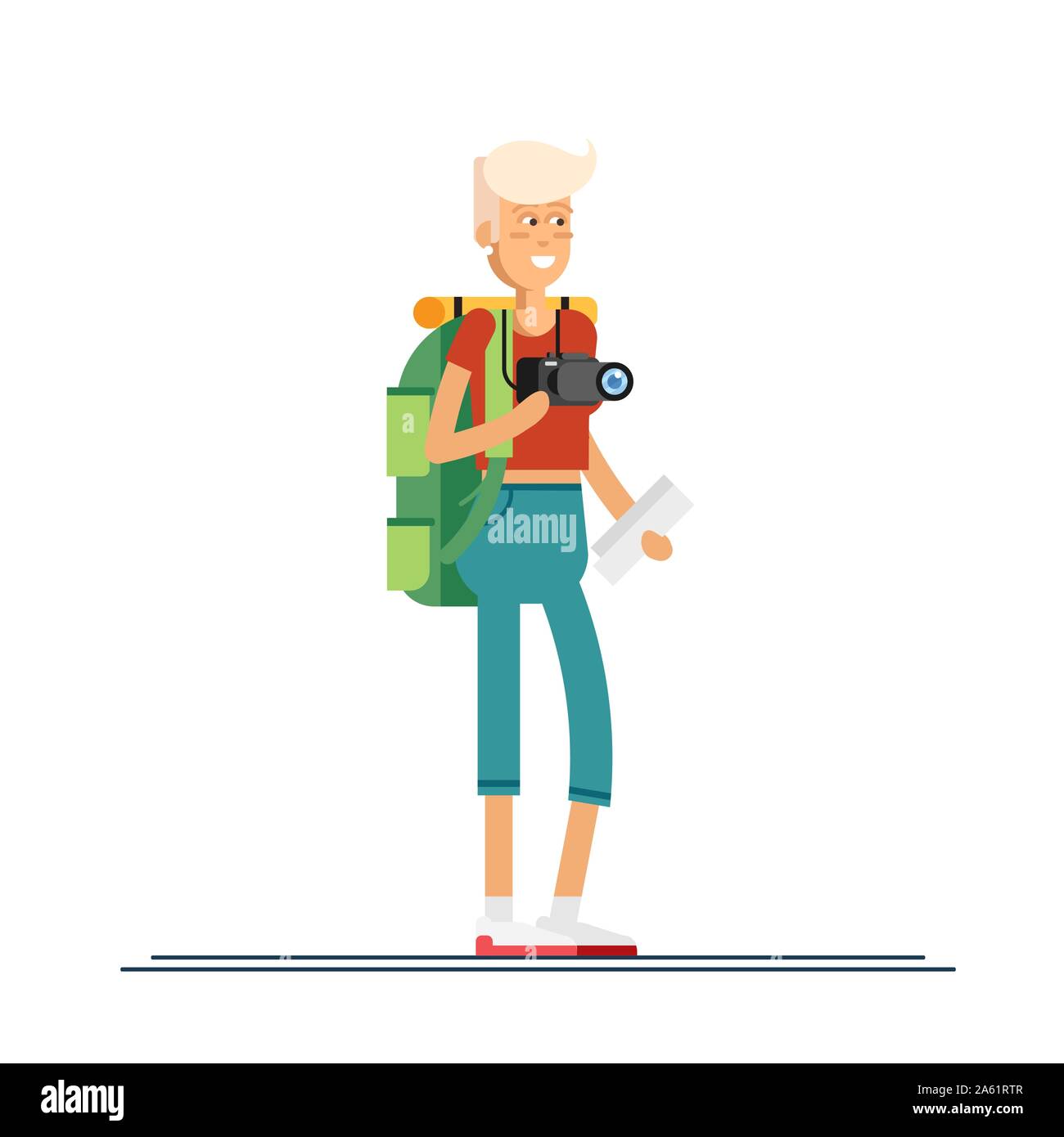 Femal character, hiking tourist walk. A young woman engaged in active sport. Vector illustration of a flat design Stock Vector