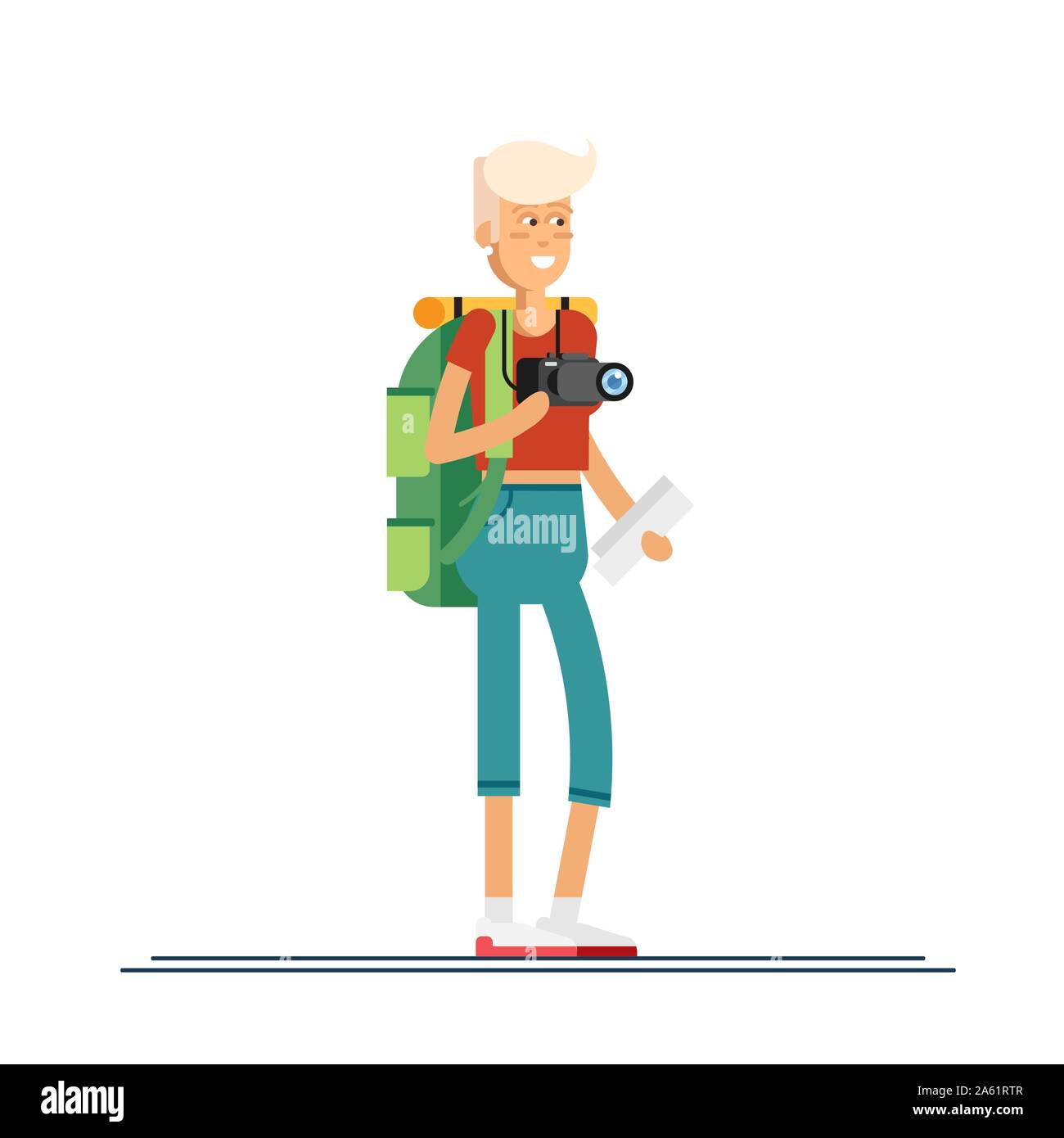 Femal character, hiking tourist walk. A young woman engaged in active sport. Vector illustration of a flat design Stock Vector