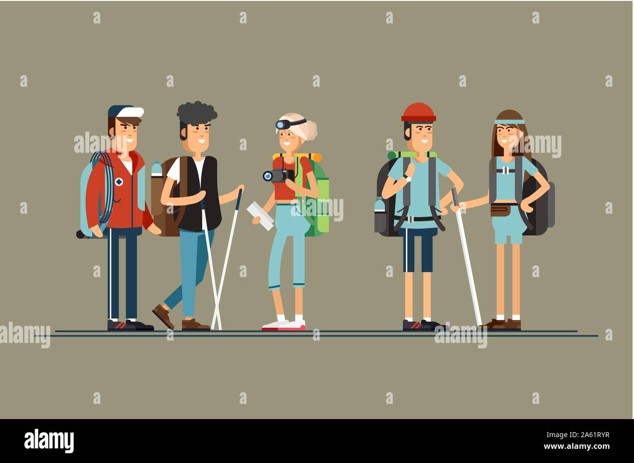 Set of female and male character, hiking tourists walk. A young people engaged in active sports. Vector illustration of a flat design Stock Vector