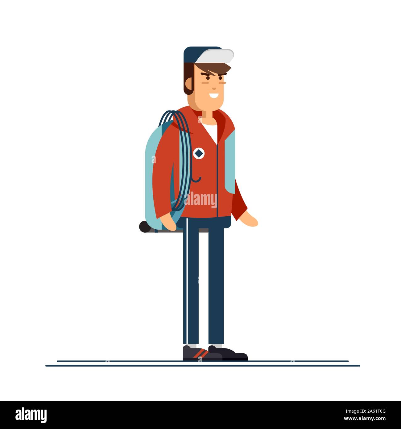 Male character, hiking tourist walk. A young man engaged in active sport. Vector illustration of a flat design Stock Vector