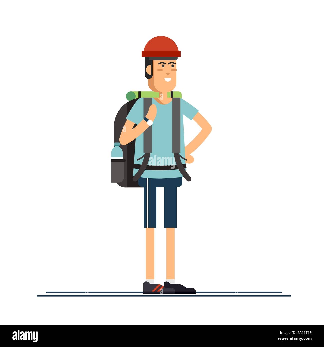 Male character, hiking tourist walk. A young man engaged in active sport. Vector illustration of a flat design Stock Vector