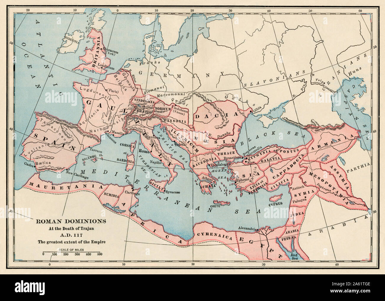 Map of the greatest extent of the Roman Empire, 117 AD. Color lithograph  Stock Photo - Alamy