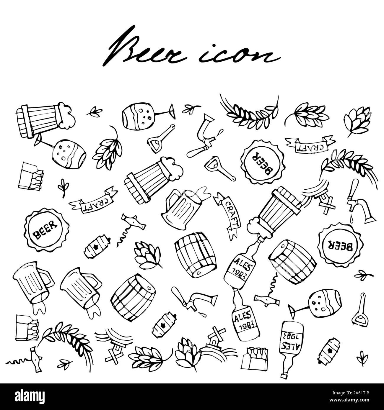 Set of beer related doodle icons. Hand drawn sketches. Isolated vector illustration. Stock Vector