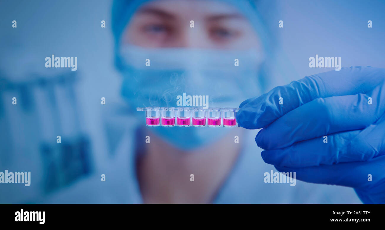 Laboratory assistant in mask and gloves analyzing pink liquid Stock Photo
