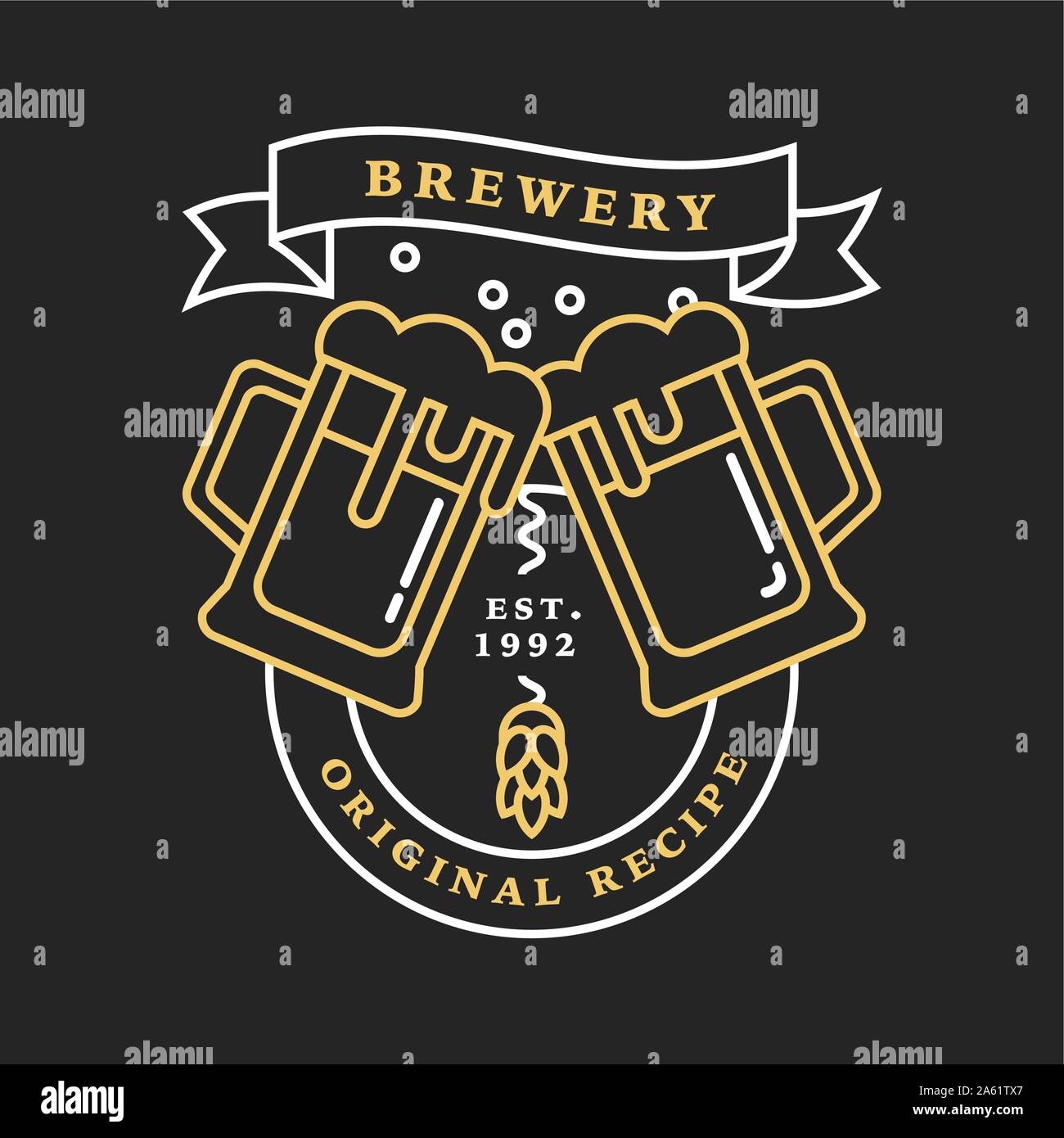Linear golden brewery logos. Labels with glass of beer and hops. Vintage craft beer retro design elements, emblems, symbols, and icons or pub labels, Stock Vector