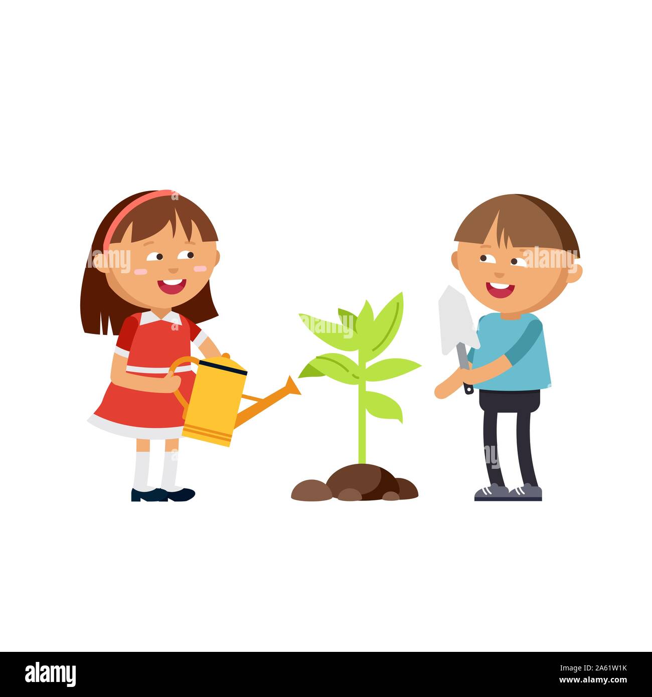 Happy boys and girls doing garden. Vector illustration cartoon kids