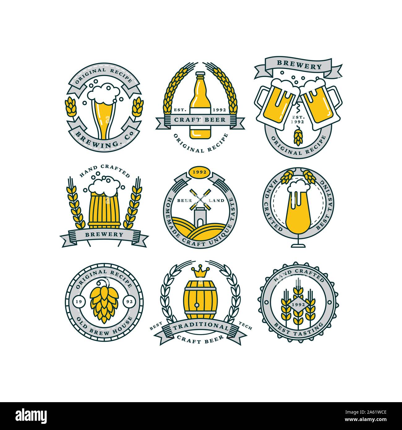 Set of linear yellow brewery logos. Labels with bottles and hops. Vintage craft beer retro design elements, emblems, symbols, and icons or pub labels, Stock Vector