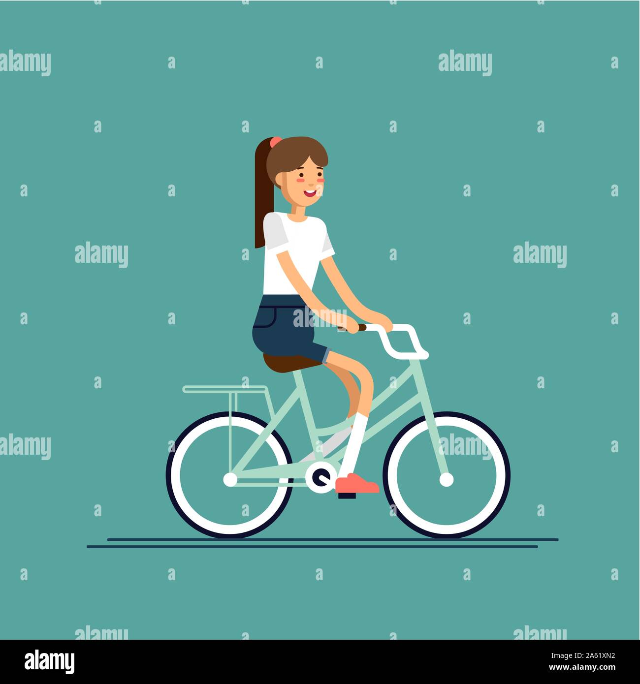 Young lady having fun riding bicycle with basket of flowers. Kid having free time on weekend. Summer break outdoor recreation for junior. Happy girl r Stock Vector