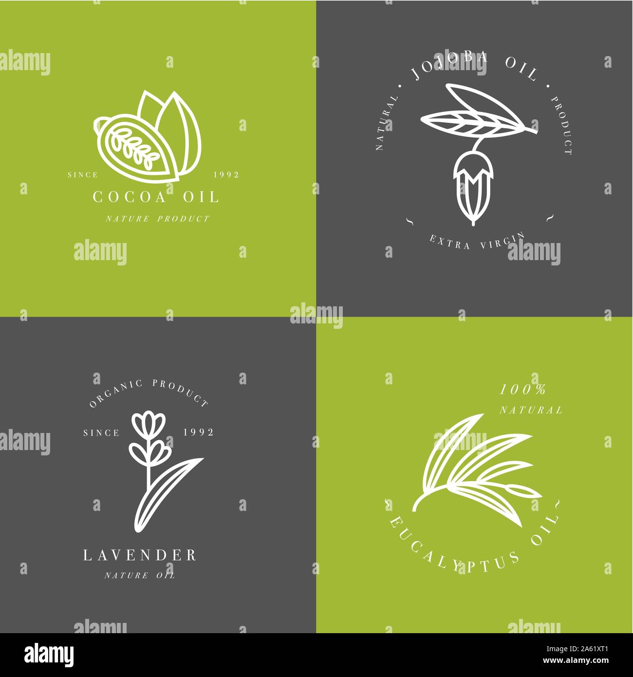 Vector set of packaging design templates and emblems - beauty and cosmetics oils - cocoa, lavender, jojoba and eucalyptus. Logos in trendy linear styl Stock Vector