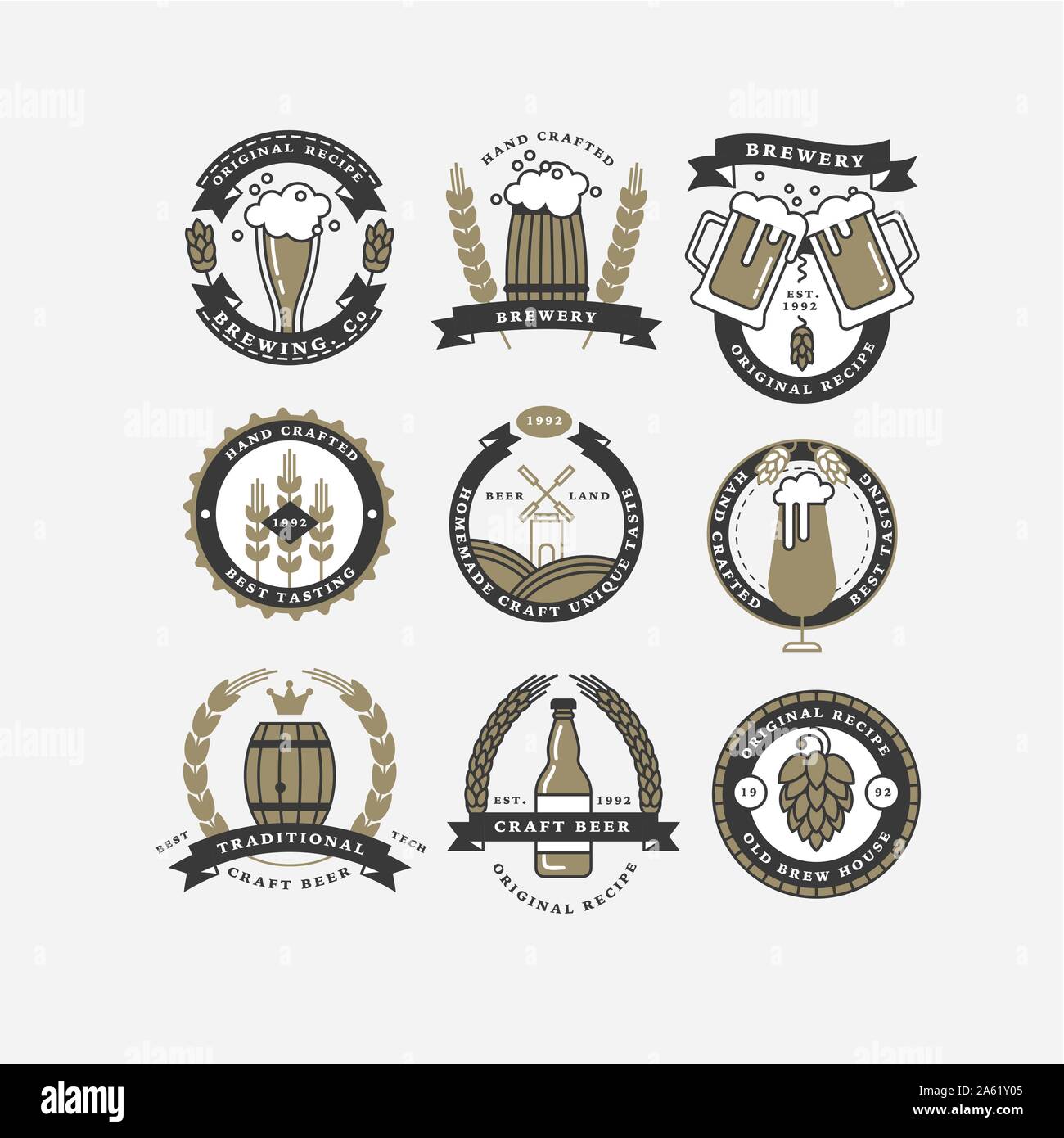 Set of linear brewery logos. Labels with bottles and hops. Vintage craft beer retro design elements, emblems, symbols, and icons or pub labels, badges Stock Vector