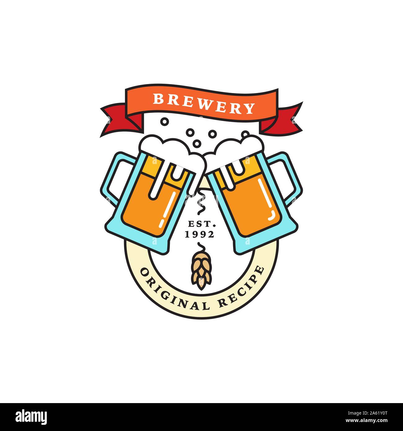 Linear brewery logos. Labels with glass of beer and hops. Vintage craft beer retro design elements, emblems, symbols, and icons or pub labels, badges Stock Vector