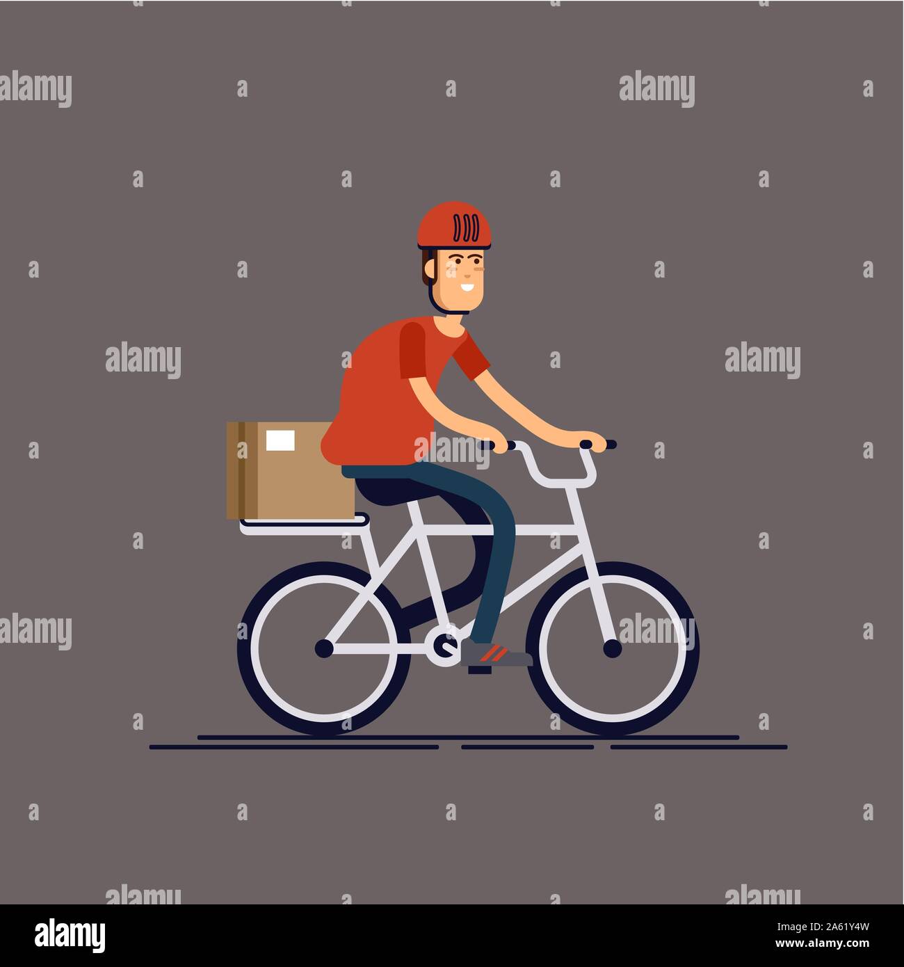 Cool male courier person character riding bicycle with delivery box. Courier bicycle delivery service. Local city multipurpose mail delivery. Vector i Stock Vector