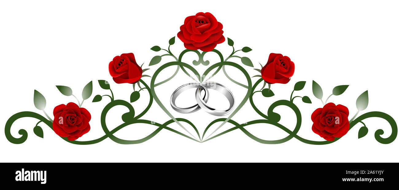 decoration with interwined silver rings and red roses Stock Photo