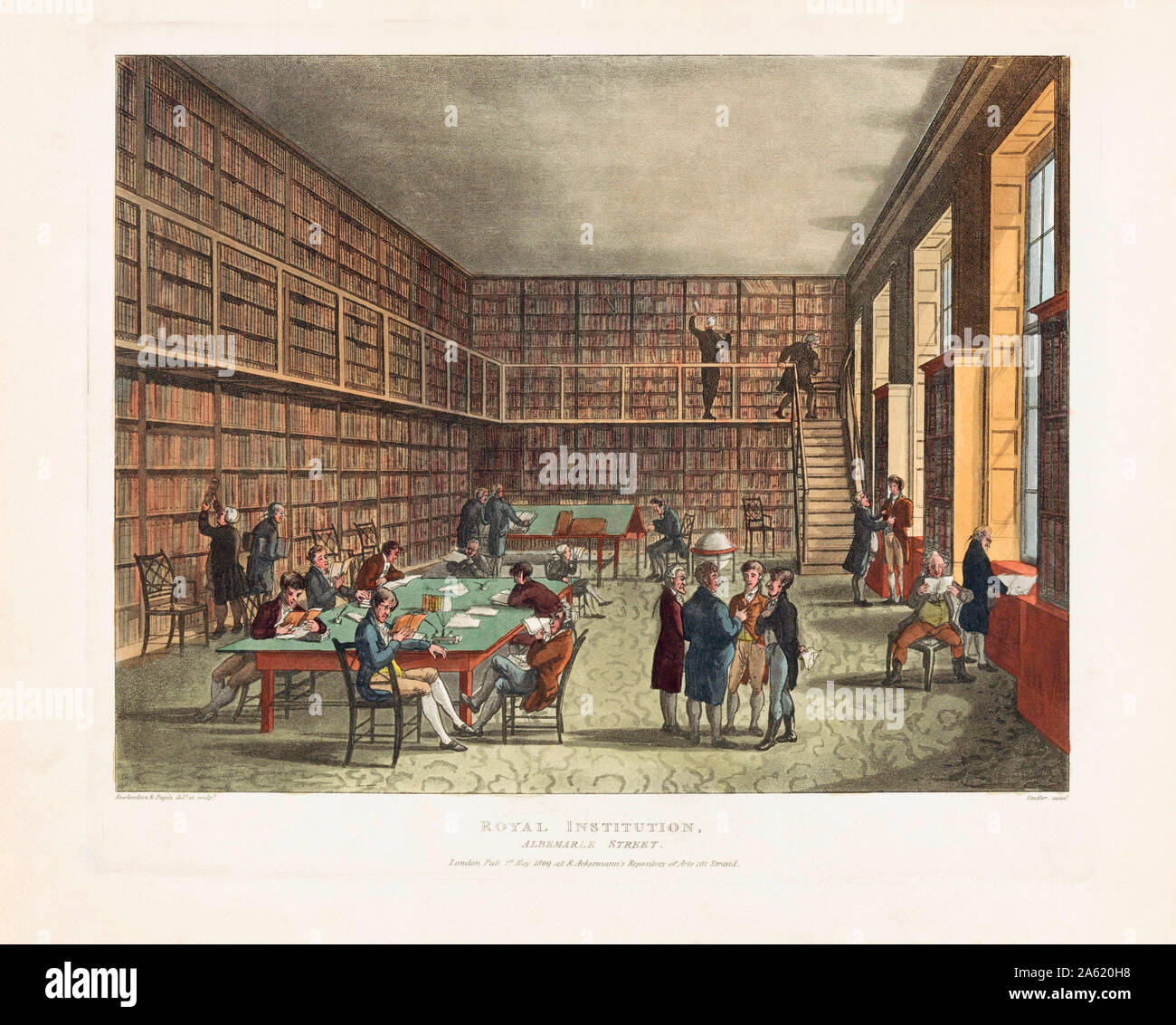 The Royal Institution Library, Albemarle Street, London.  After an engraving dated 1809.  Later colourization. Stock Photo