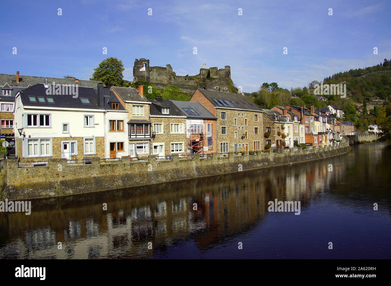 Embankment of the River Ourthe in the town of La Roche, Belgium. Stock Photo