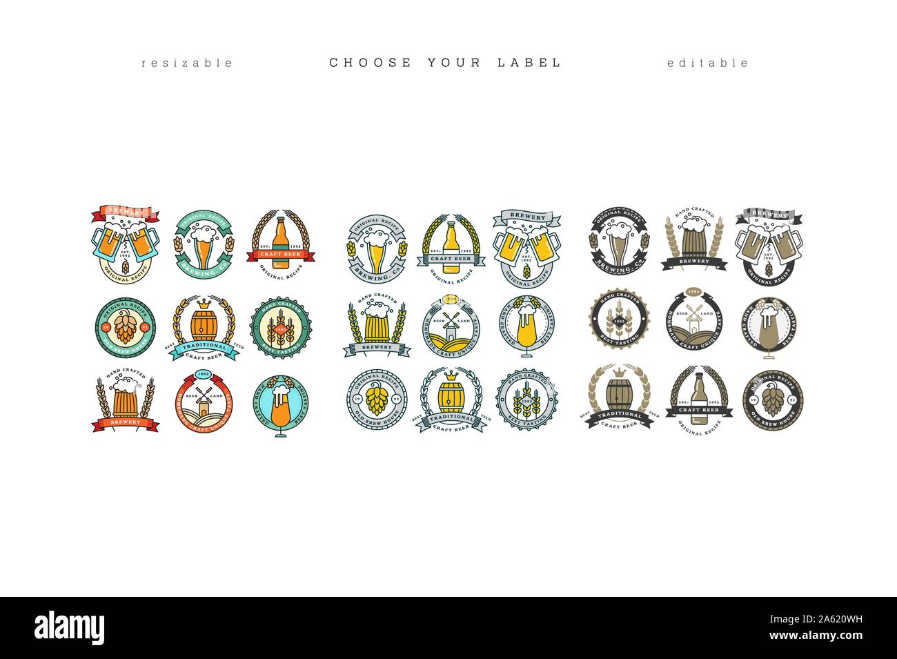 Set of linear yellow brewery logos. Labels with bottles and hops ...