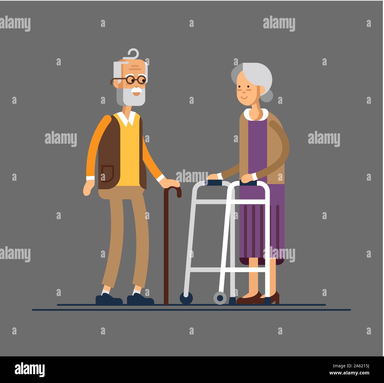 Retired elderly senior age couple in creative flat vector character design. Grandpa and grandma standing full length smiling. Grandparents with walkin Stock Vector