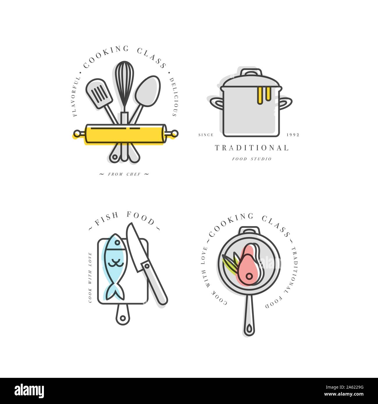 Cooking class linear design elements, set of kitchen emblems, symbols ...