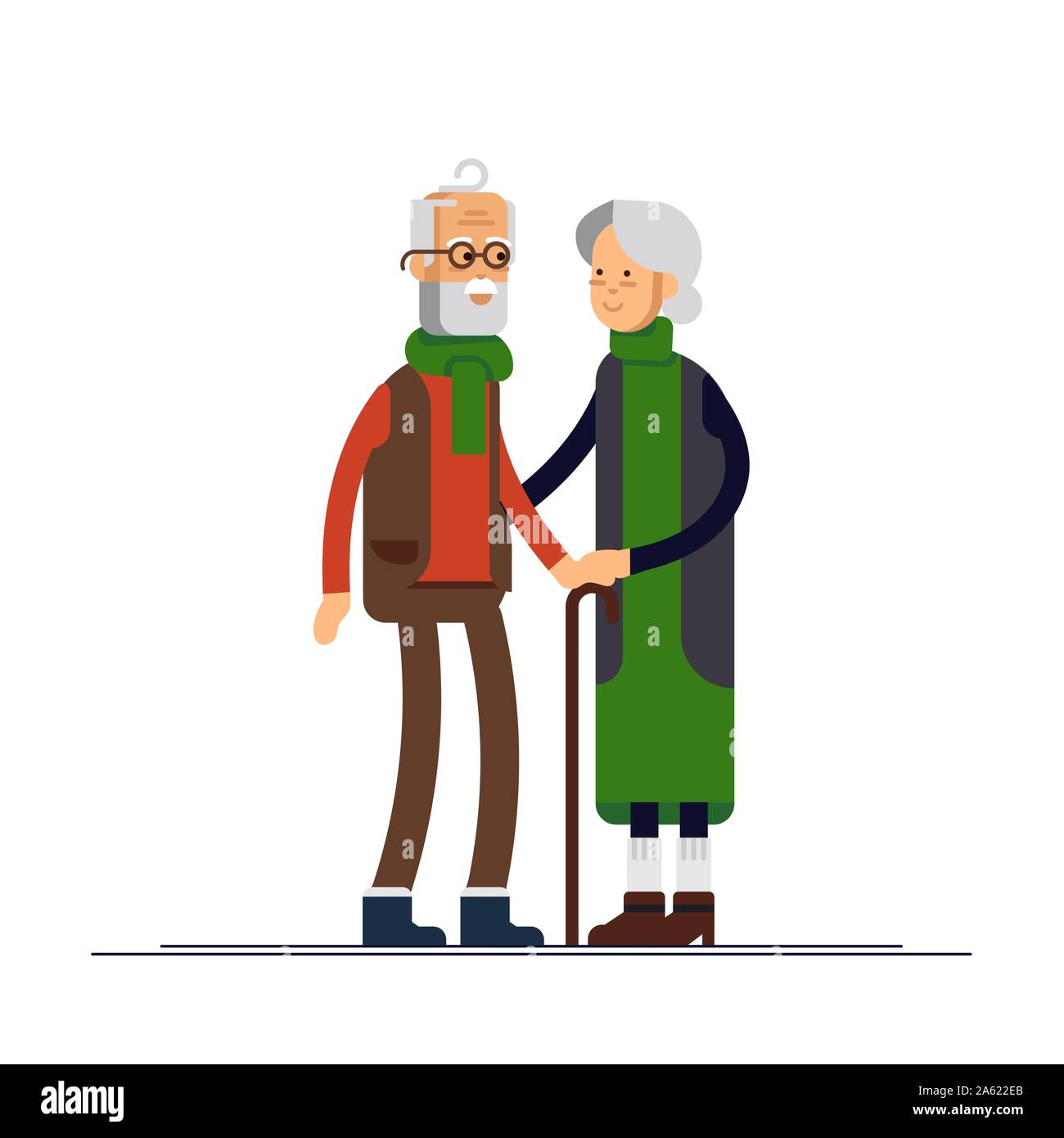 Vector flat illustration of elderly couple celebrating Christmas. Family standing together holding each other Stock Vector