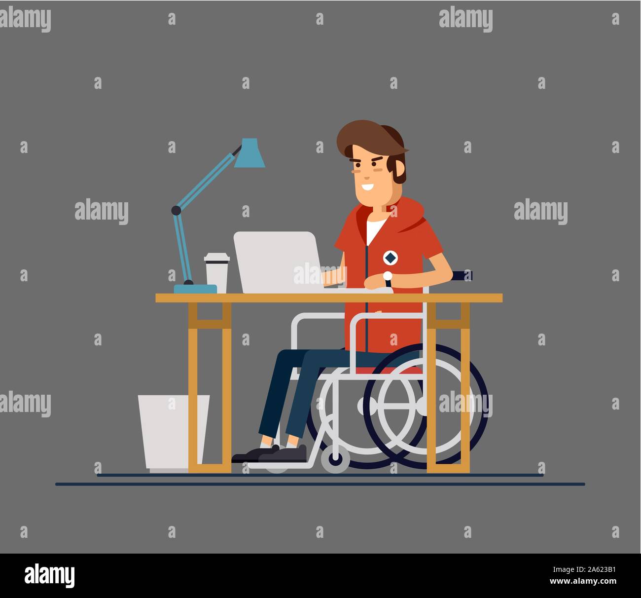Disabled young man in wheelchair working with computer on office. Productive online job. Disability, social policy concept. Vector flat style cartoon Stock Vector