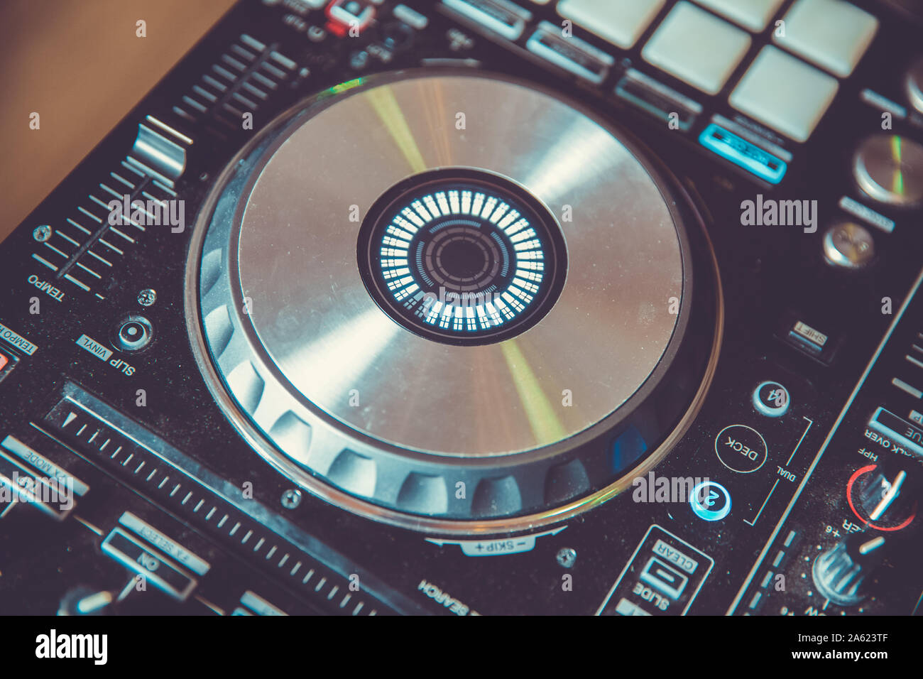 Club disc jockey stage equipment for playing music on party.Digital