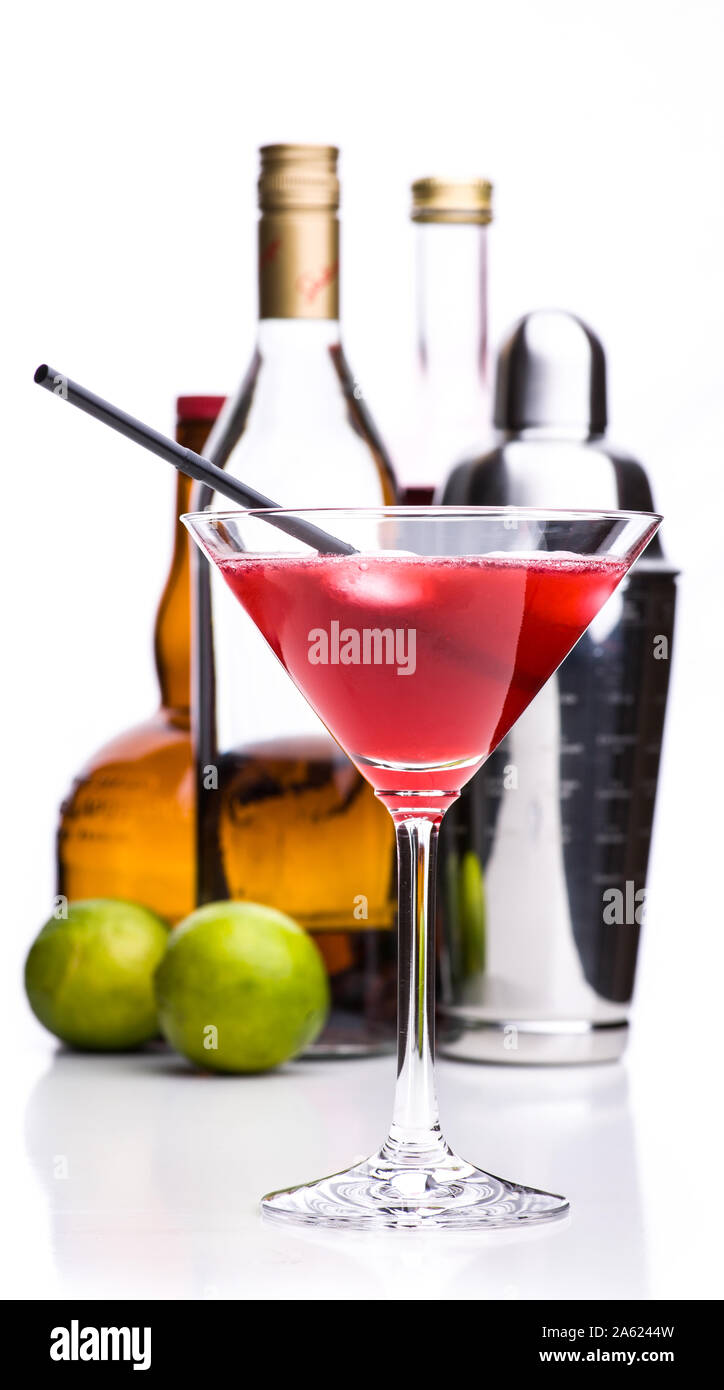 classic cocktails: cosmopolitan with ingredients and shaker Stock Photo