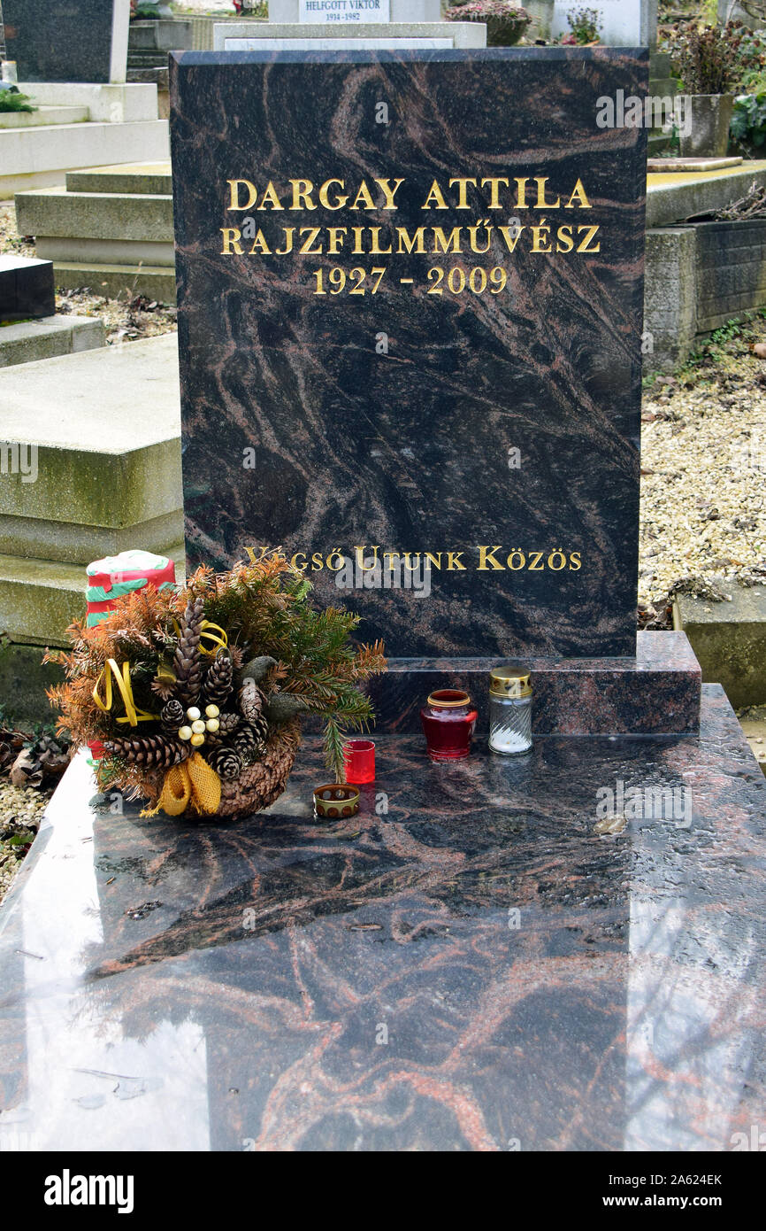 Tomb of Attila Dargay (animator), Farkasréti Cemetery or Farkasrét Cemetery, Farkasréti temető, Budapest, Hungary, Magyarország, Europe Stock Photo