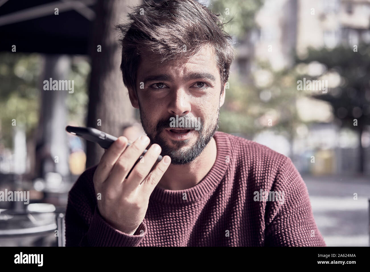 Attractive young bearded man using his smartphone in the cafe Stock Photo