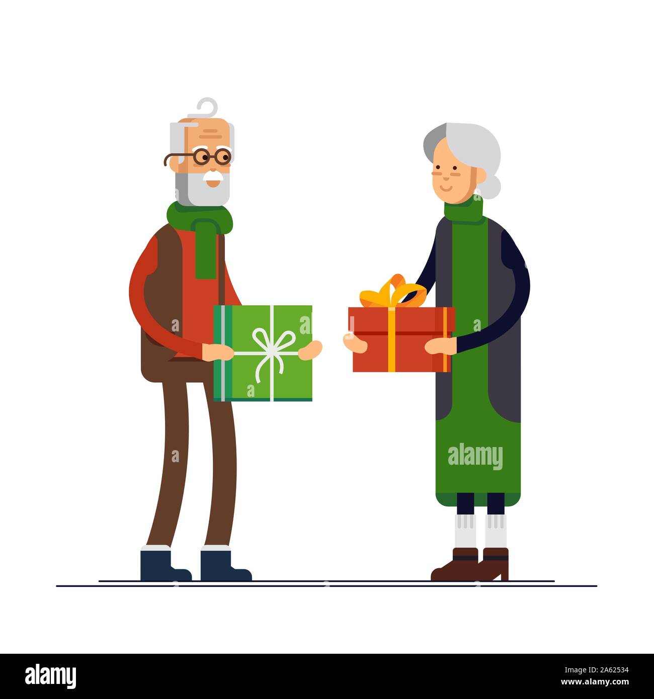 Vector flat illustration of elderly couple celebrating Christmas and give a gift. Grandfather and grandmother ready to celebrate Merry Christmas. Stock Vector