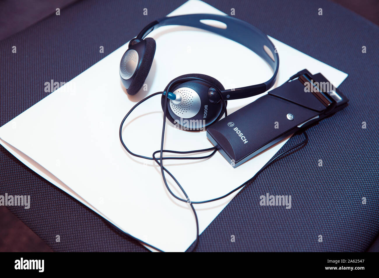 headphones used for simultaneous translation equipment simultaneous interpretation equipment . A set of headphones for simultaneous translation during Stock Photo