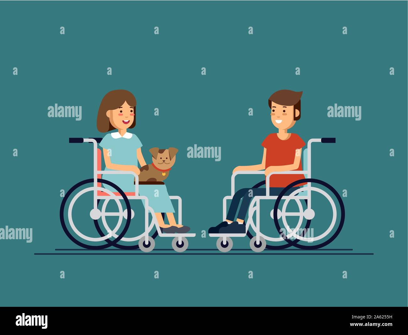 Cute disabled boy and girl kid sitting in a wheelchair and keep the puppy on one's knees. Handicapped person. Colorful flat style cartoon vector illus Stock Vector