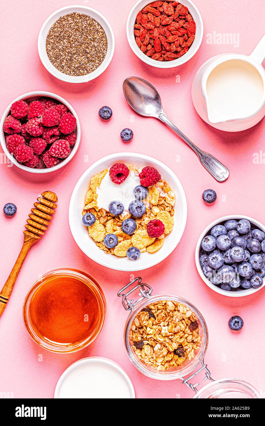 Healthy breakfast, muesli, cereal with fruit, top view Stock Photo Alamy