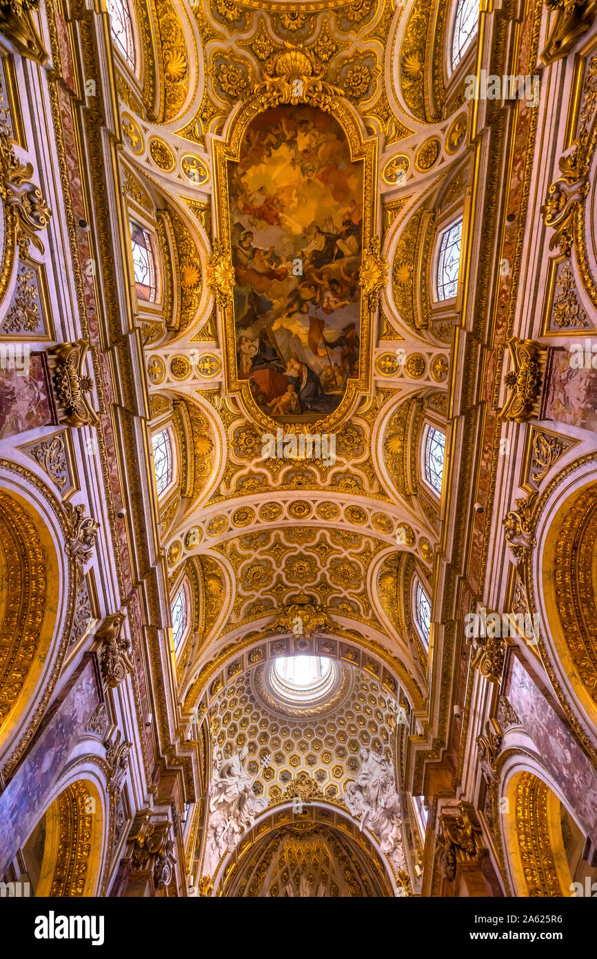 Tall Arches Nave Ceiling Fresco Saint Louis of French Basilica Church Rome Italy.  Church built in 1500s in honor Saint Louis IX of France Stock Photo