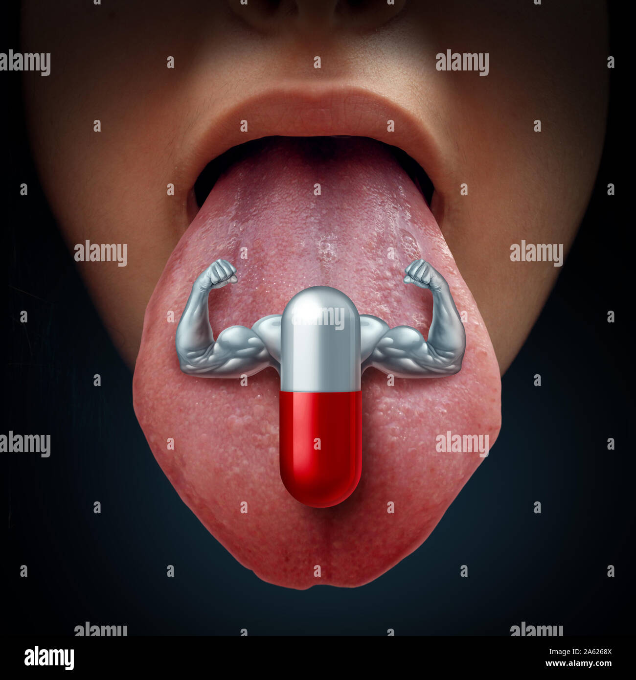 Power Pill and performance enhancing medicine concept of a prescription drug and energy nutritional supplement on the tongue as a medication. Stock Photo