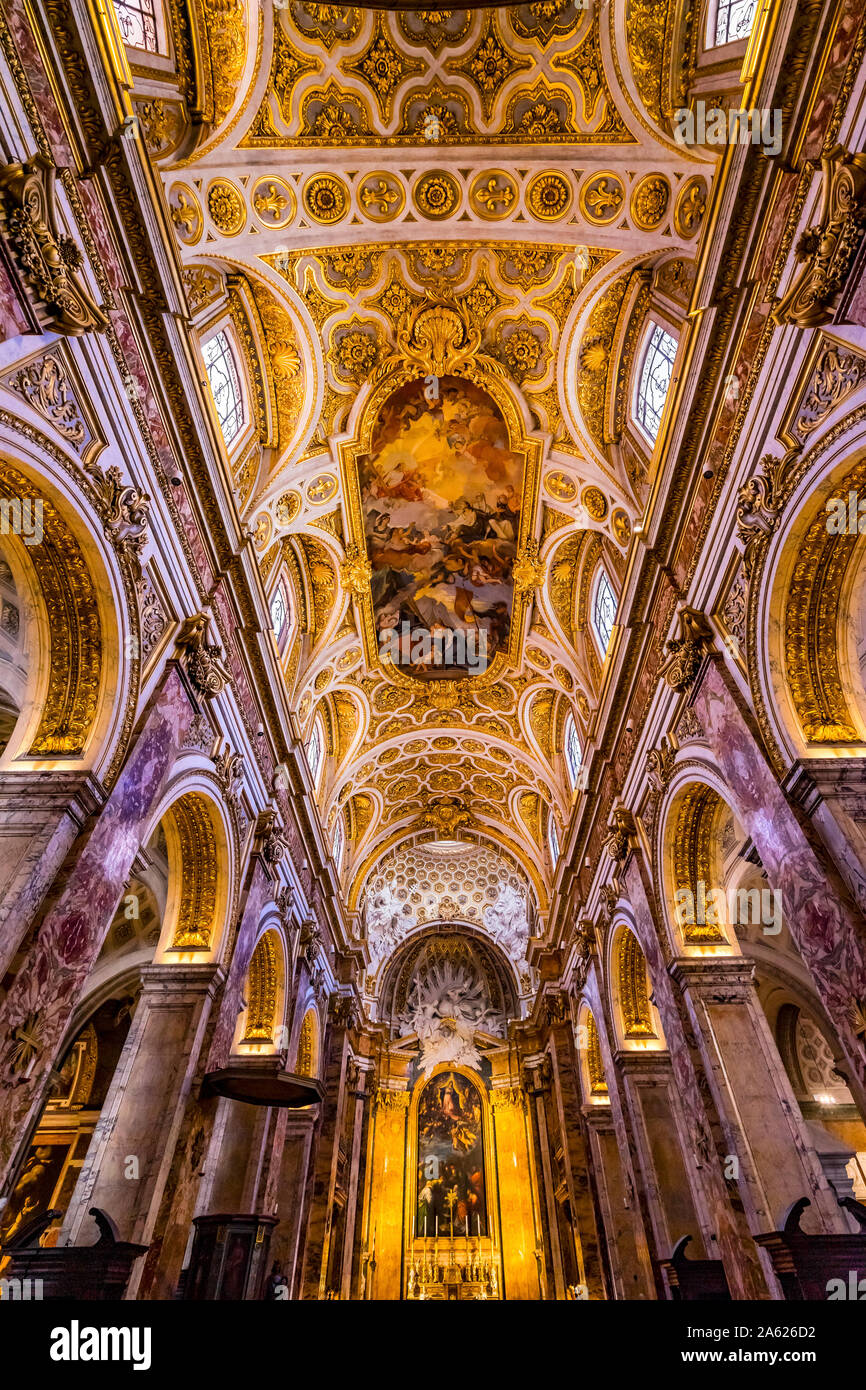 Tall Arches Nave Ceiling Frescos Saint Louis of French Basilica Church Rome Italy.  Church built in 1500s in honor Saint Louis IX of France Stock Photo