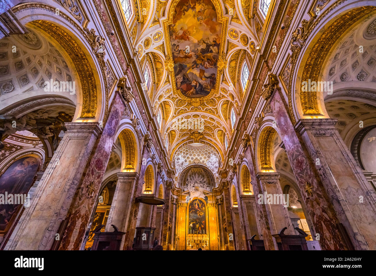 Tall Arches Nave Saint Louis of French Basilica Church Rome Italy.  Church built in 1500s in honor Saint Louis IX of France Stock Photo