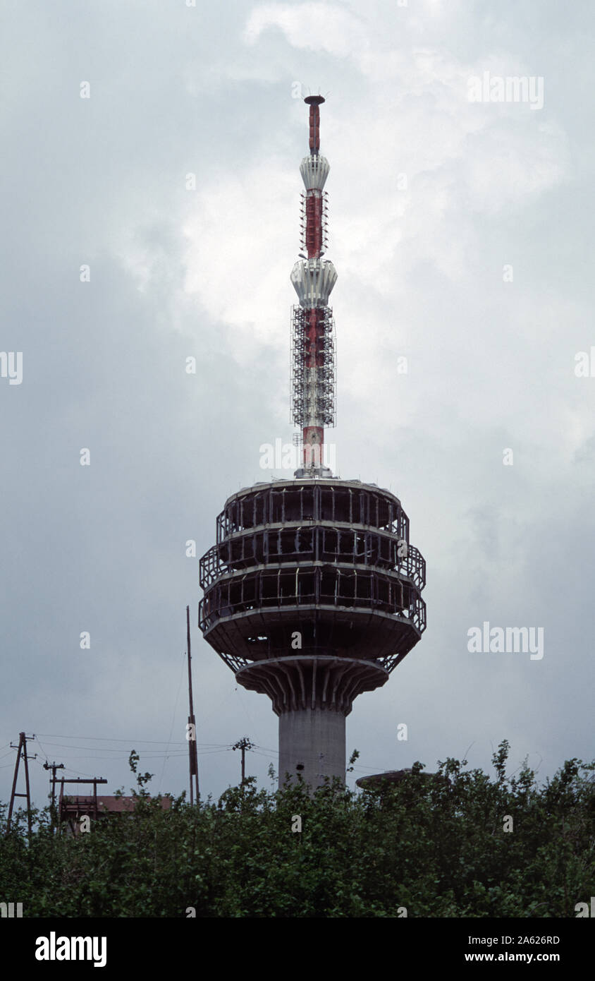 6th June 1993 During the Siege of Sarajevo: the symbol of Sarajevo, Hum Tower, the shell-battered television transmitter on top of Hum Hill. Stock Photo