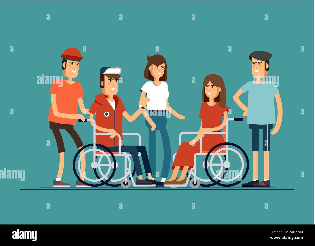 Group of happy young people communicate with each other. Caring for the disabled people concept. Vector flat iilustration friends. Stock Vector