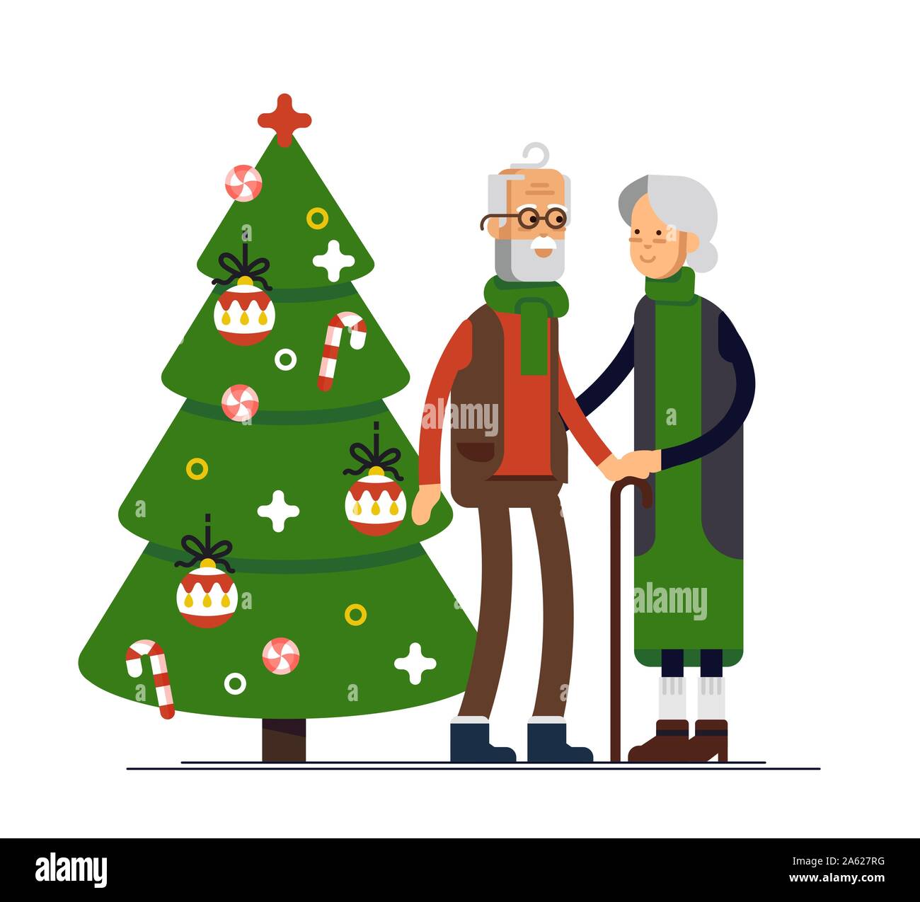 Vector flat illustration of elderly couple celebrating Christmas. Family standing together holding each other Stock Vector