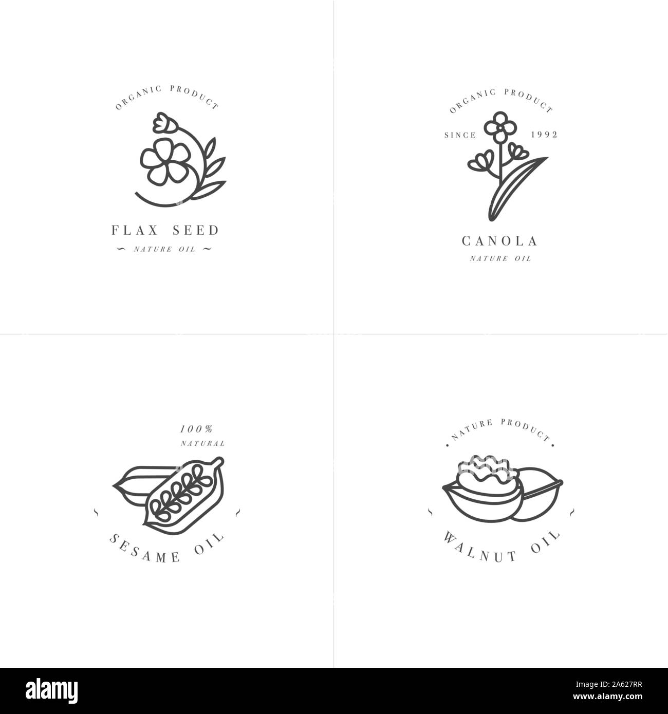 Vector set design templates and emblems - healthy and cosmetics oils - flax seed, walnut, sesame and canola. Logos in trendy linear style Stock Vector