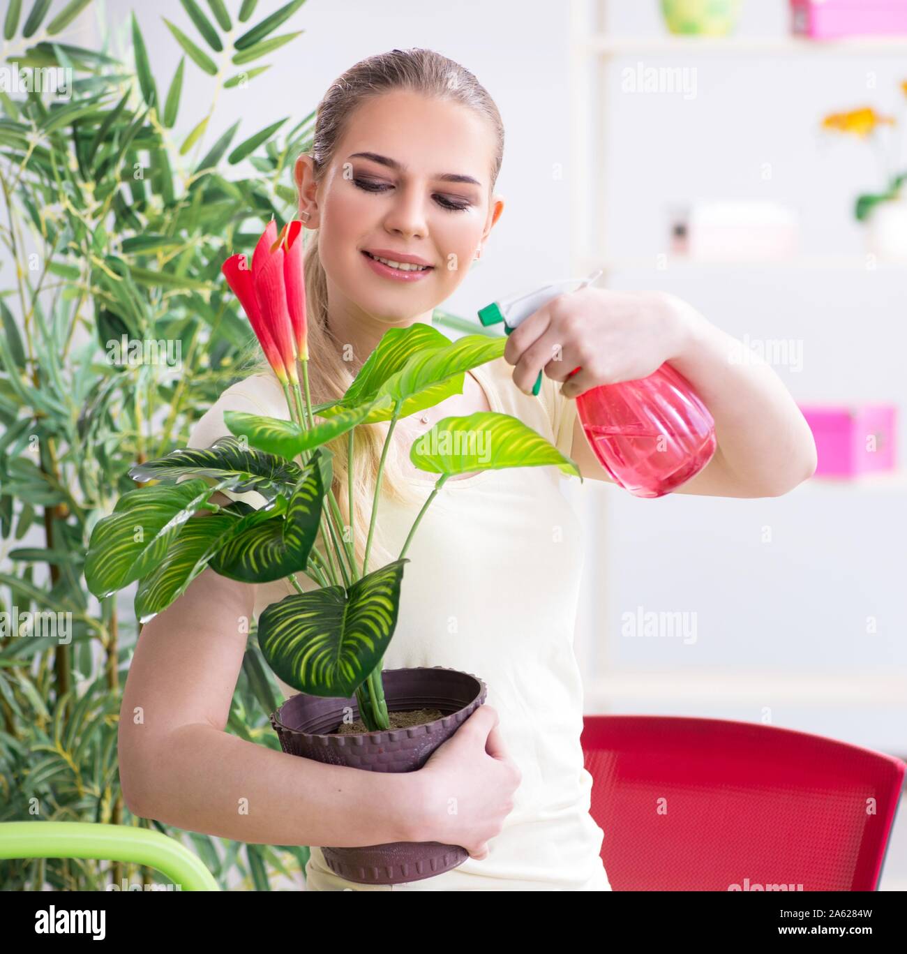 The young woman watering plants in her garden Stock Photo - Alamy