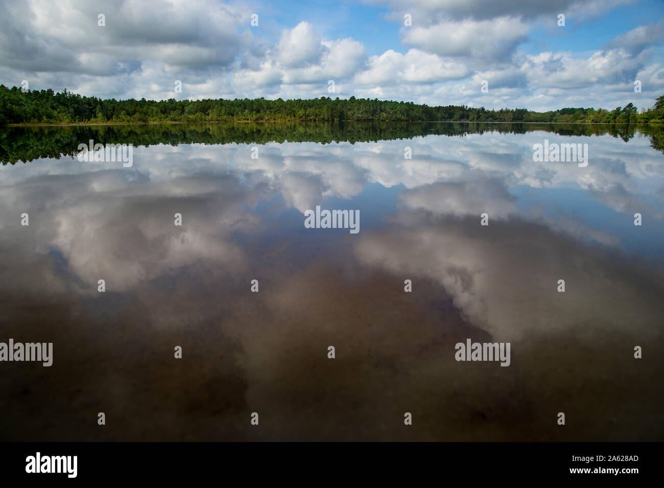 Puffy white clouds in a blue sky reflected in a calm lake with bright ...