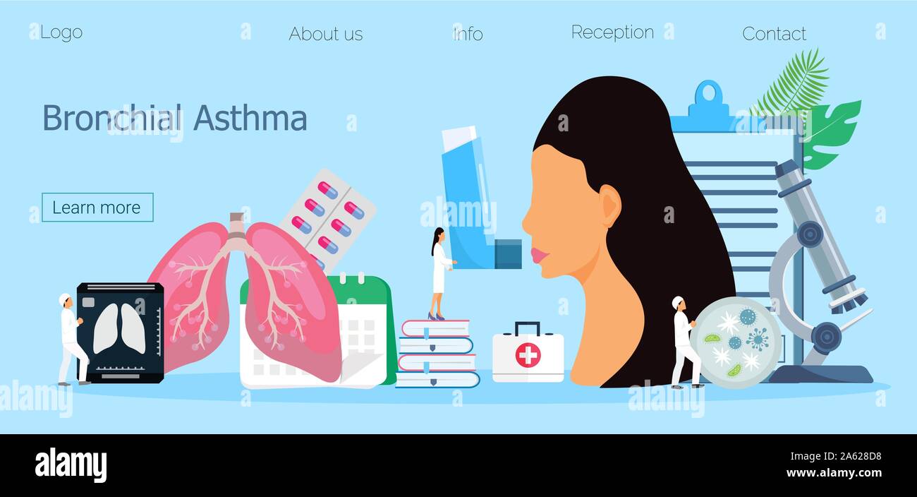 Bronchial asthma concept. Tiny doctors with inhaler treat asthmatic