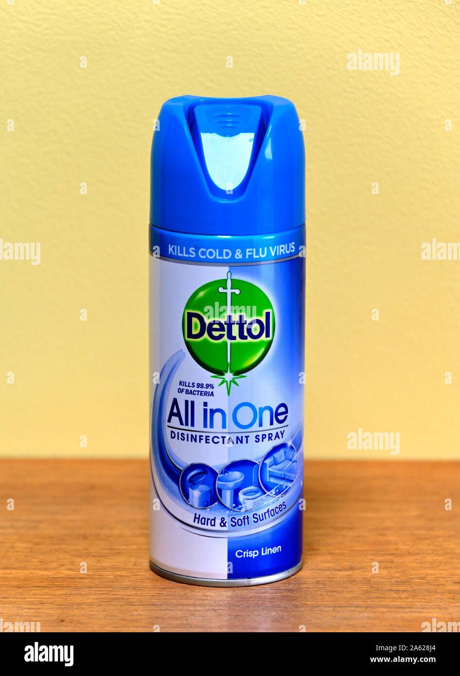 Aerosol container of Dettol All in one Disinfectant Spray. Hard and soft surfaces. Kills cold and flu virus. Crisp linen. Kills 99.9% of bacteria. Stock Photo